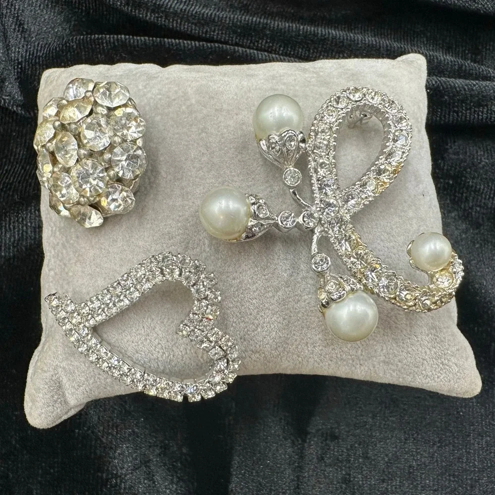 Rhinestone Brooch Set 3 Rhinestone Heart Bow Silver Tone Faux Pearl Wedding Pin